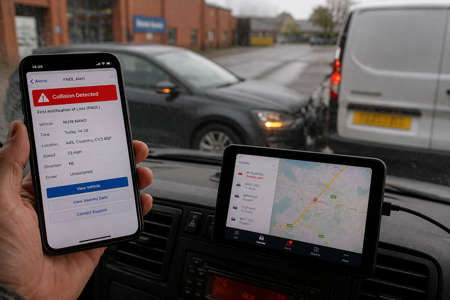 FNOL collision detection alert system with fleet camera and GPS tracking technology