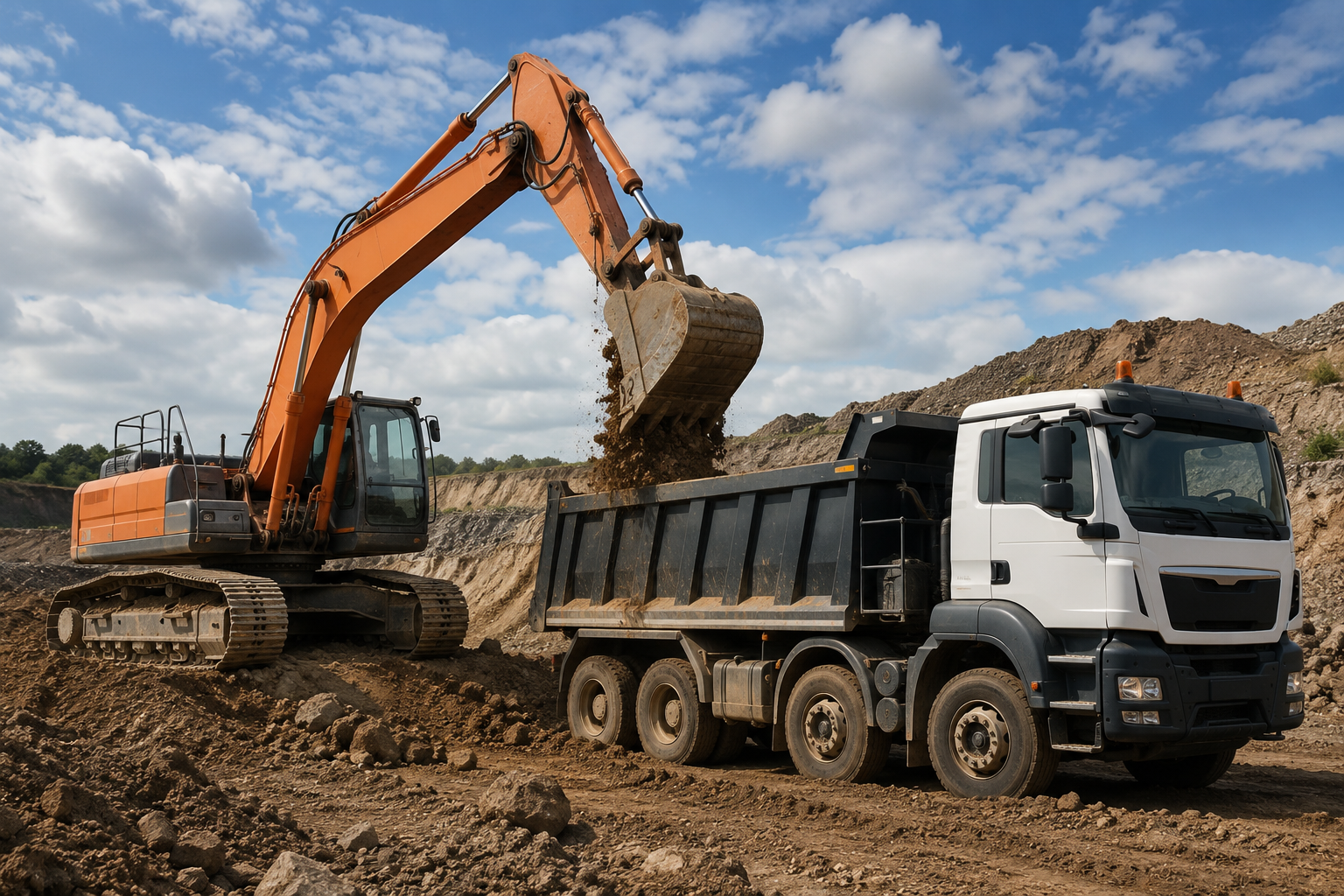 Construction excavator and tipper truck monitored with fleet tracking systems