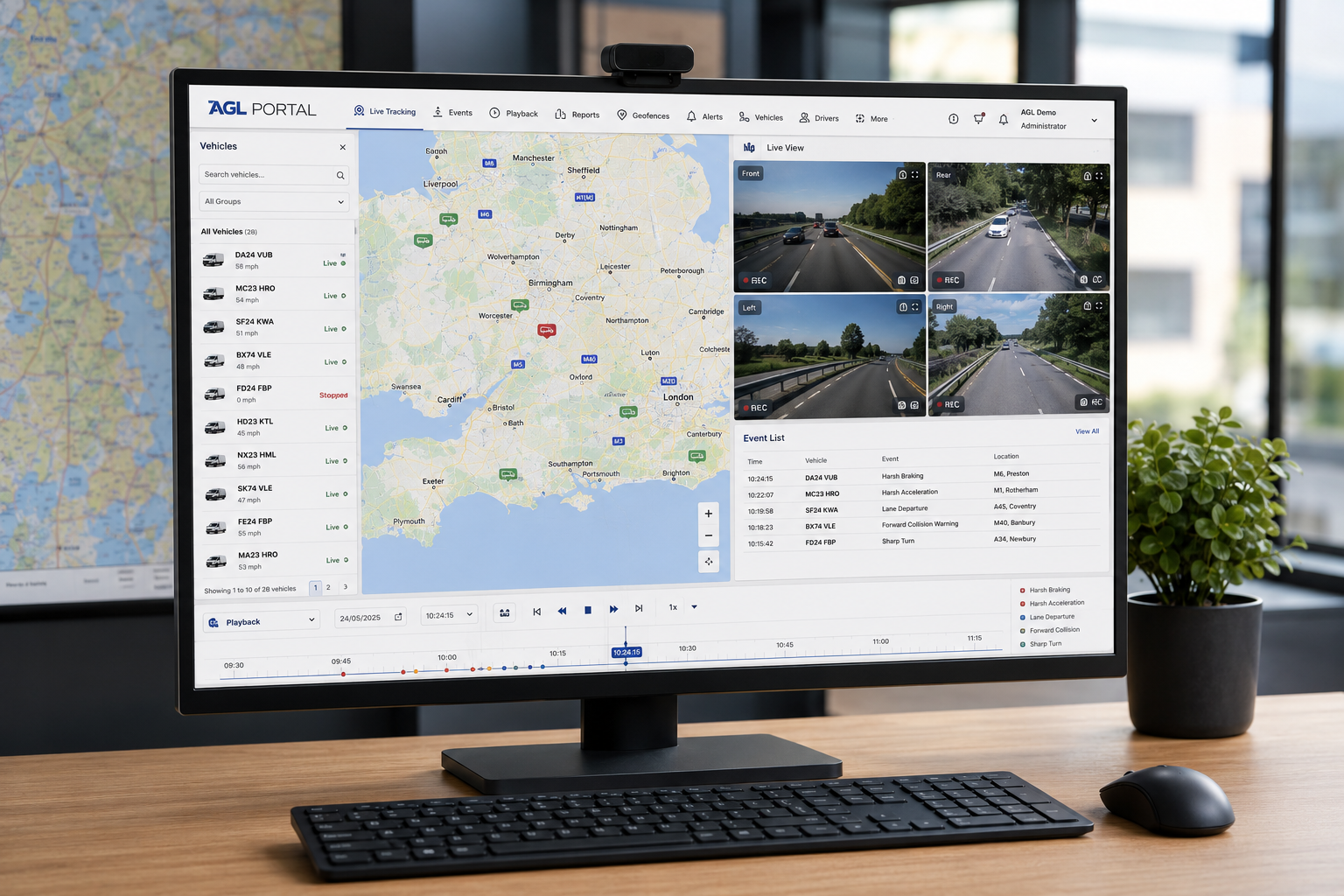 Live fleet tracking dashboard showing vehicle locations and camera footage
