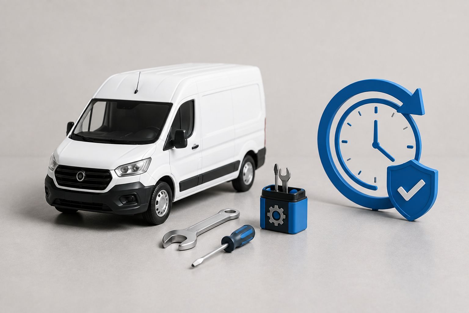 Commercial van with maintenance tools and vehicle uptime symbol.
