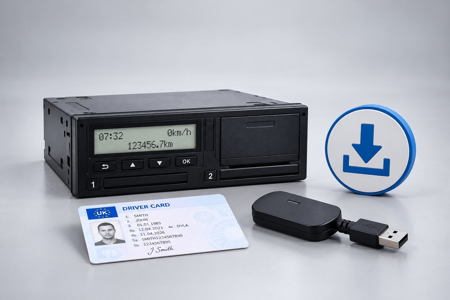 Digital tachograph with driver card, USB reader and download symbol, illustrating remote tachograph downloads.