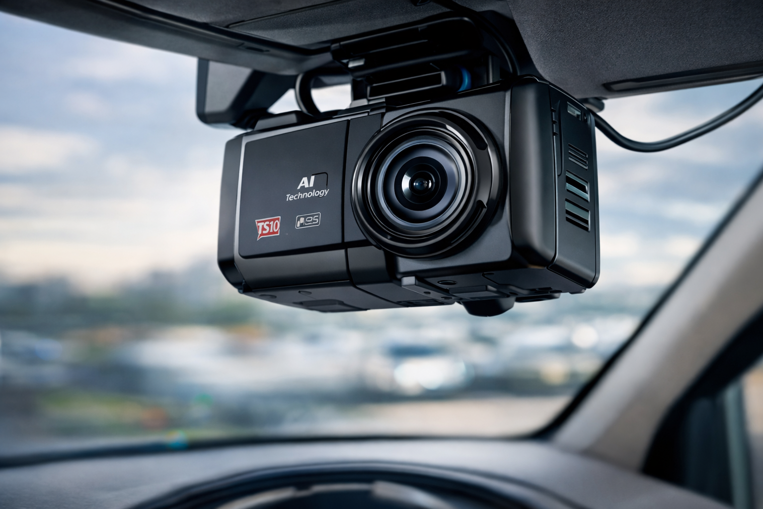 AI dashcam camera installed in commercial vehicle for fleet safety monitoring