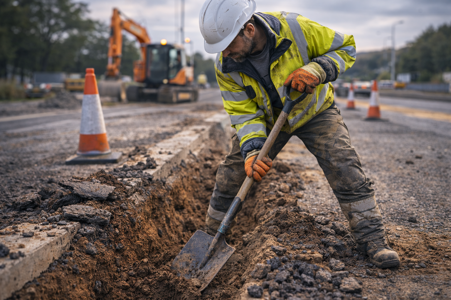 Roadworks operative carrying out utility and infrastructure maintenance work
