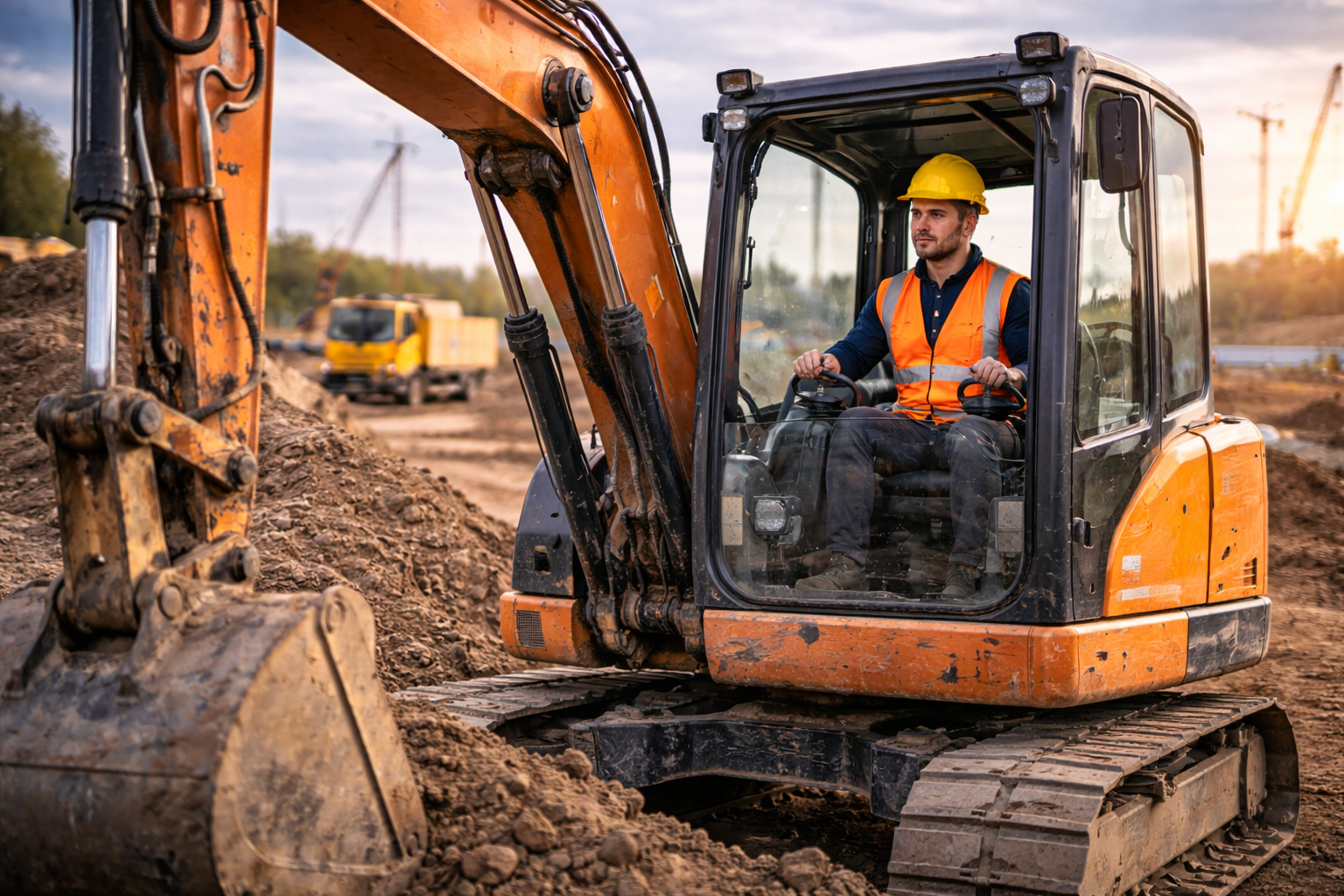Construction excavator operator working on infrastructure project site