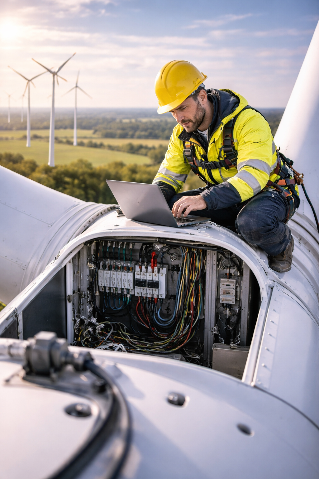 Utility engineer working on renewable energy infrastructure and wind farm maintenance