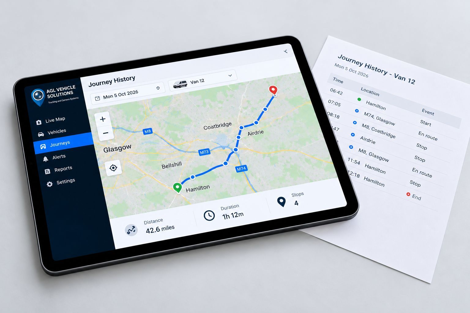 Fleet tracking journey history showing the route and previous locations travelled by a commercial vehicle.