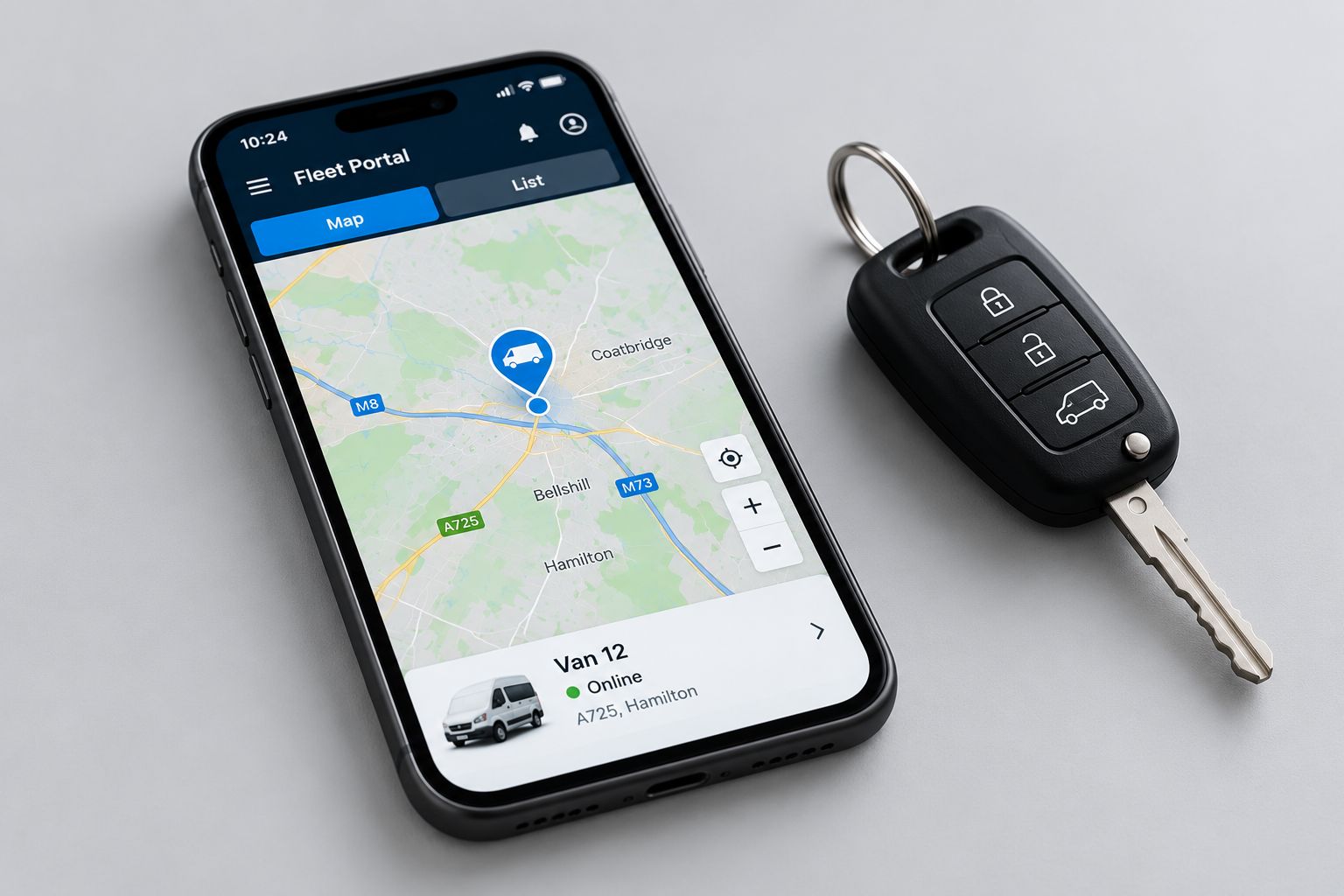 GPS vehicle tracking app showing the live location of a commercial van following unexpected vehicle movement.