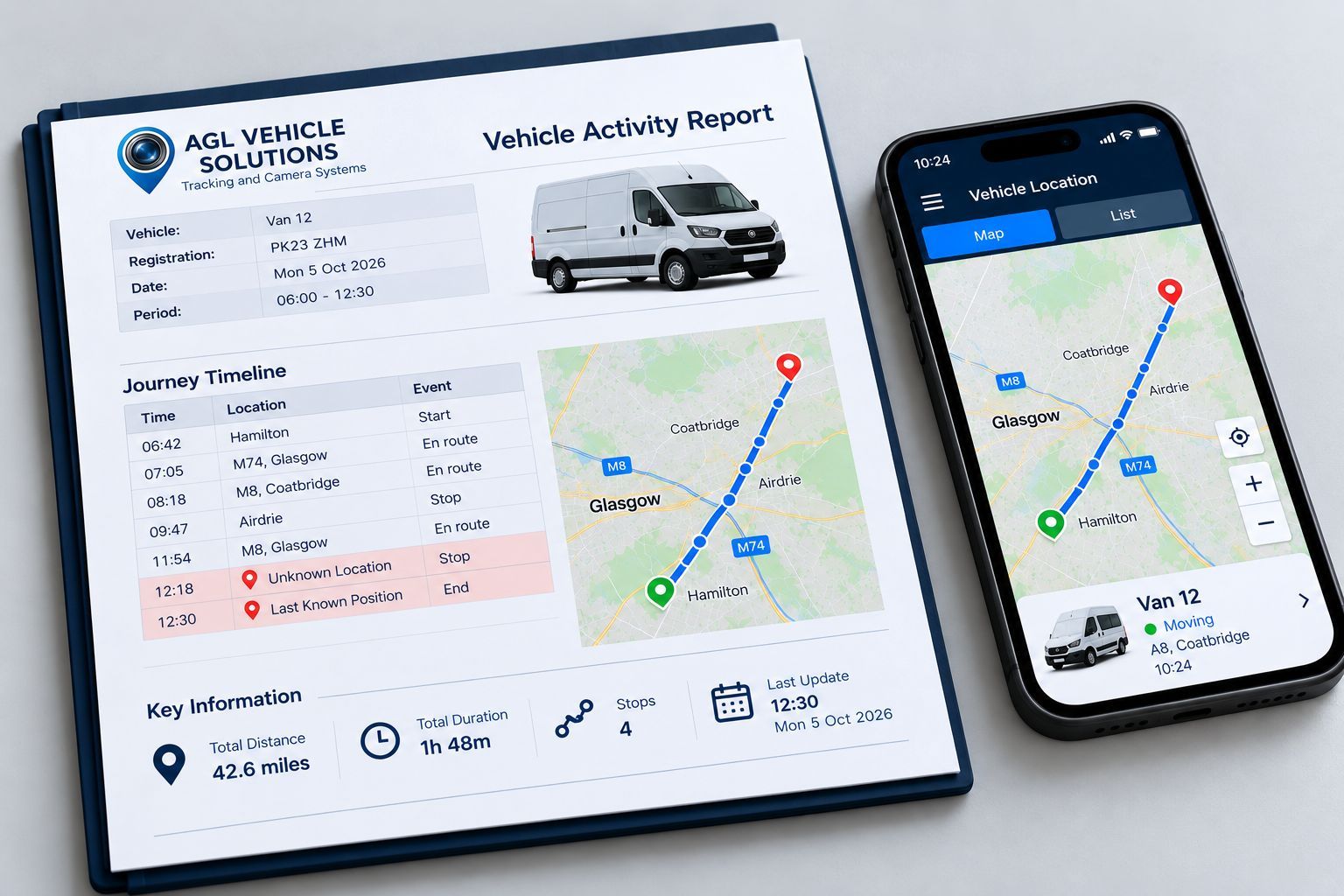 Vehicle tracking report and live location data providing useful information following the theft of a commercial vehicle.