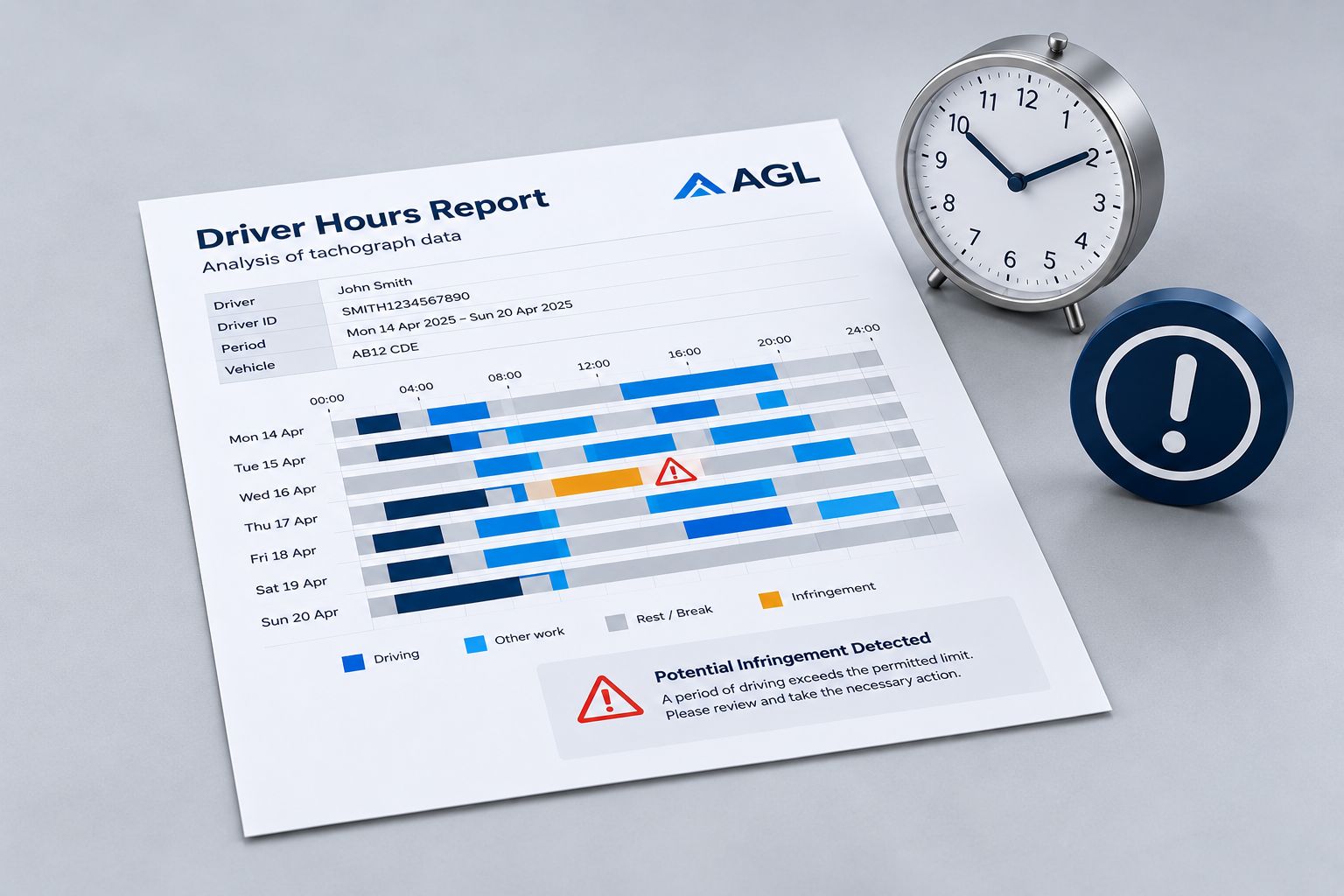 Driver hours report highlighting a potential tachograph infringement, with a clock and warning symbol.