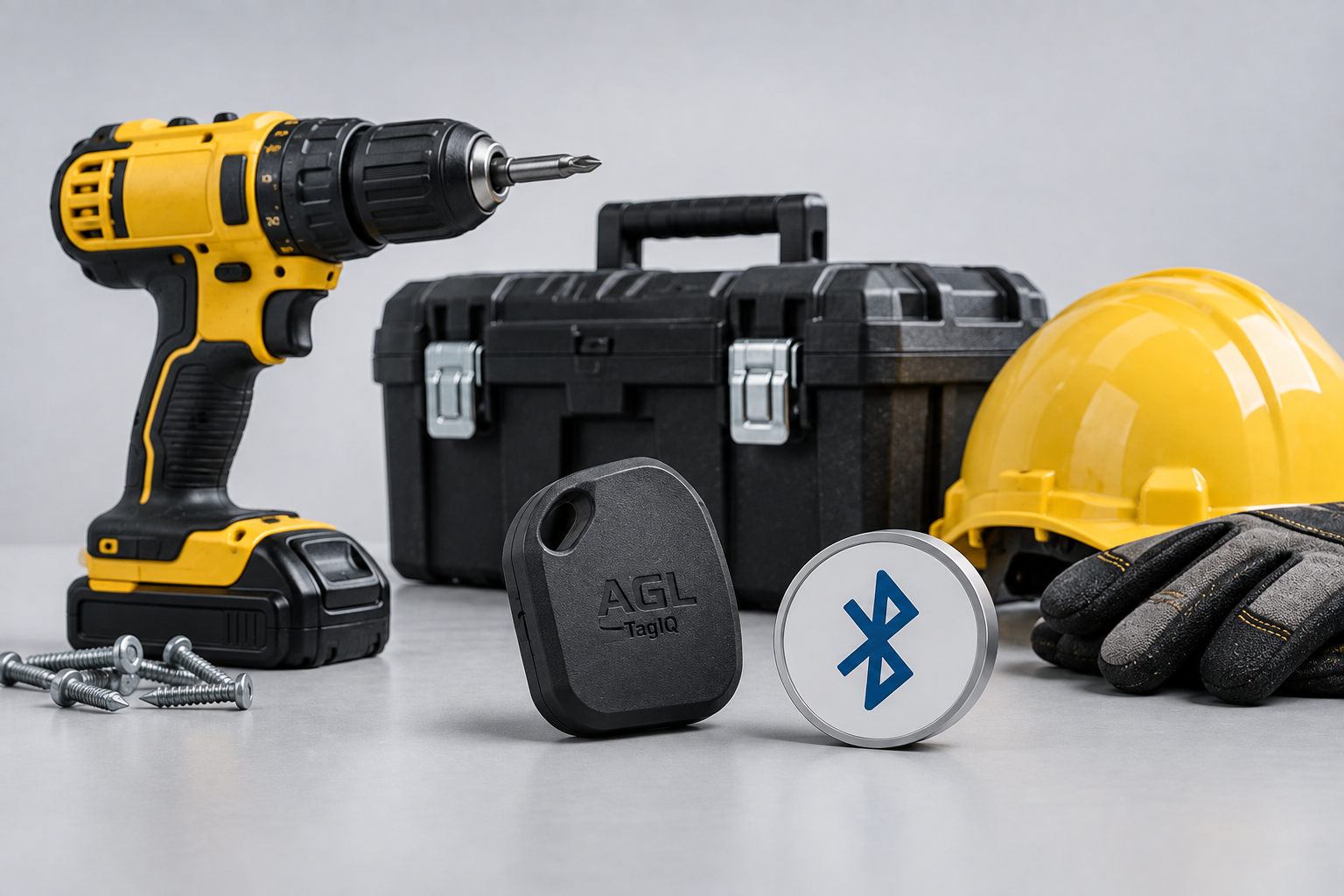 AGL TagIQ Bluetooth asset tag beside construction tools, illustrating tracking for smaller equipment