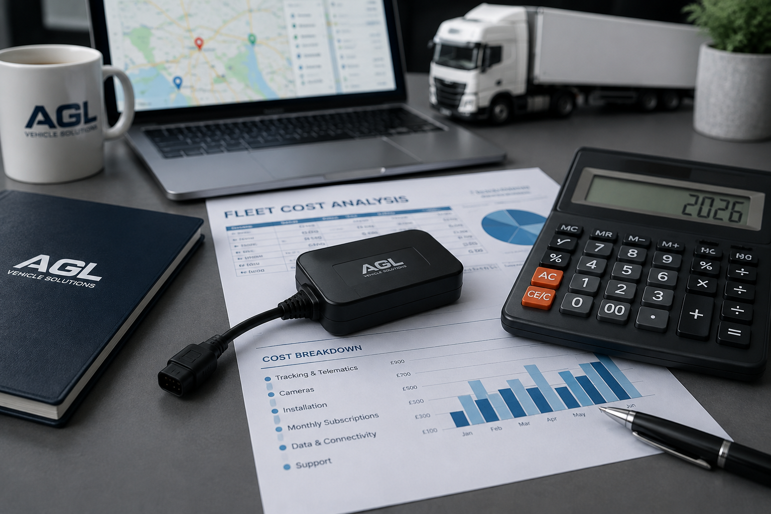 AGL vehicle tracker beside a calculator and fleet cost analysis report.