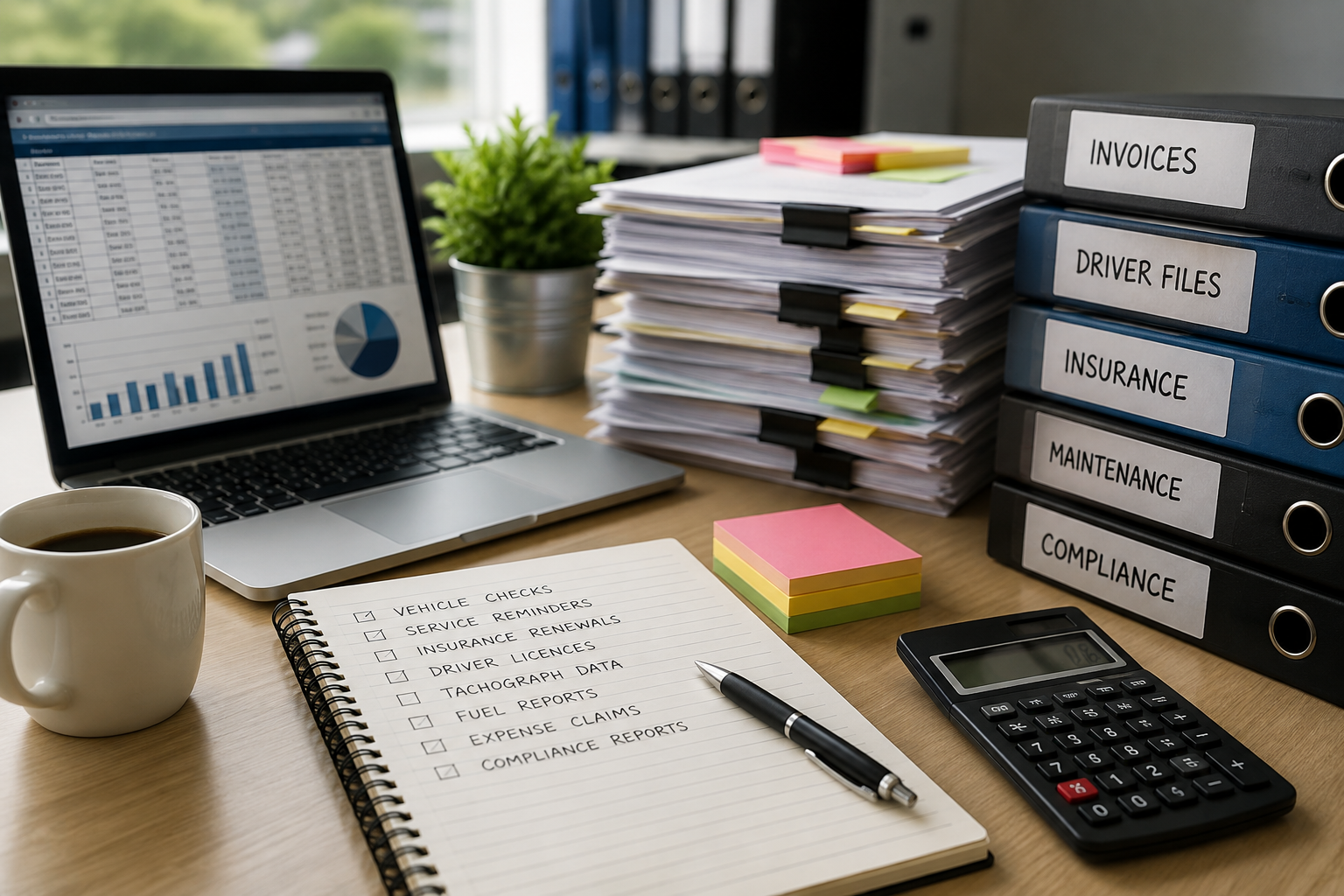 Fleet administration desk with paperwork, vehicle records, compliance files and fleet data