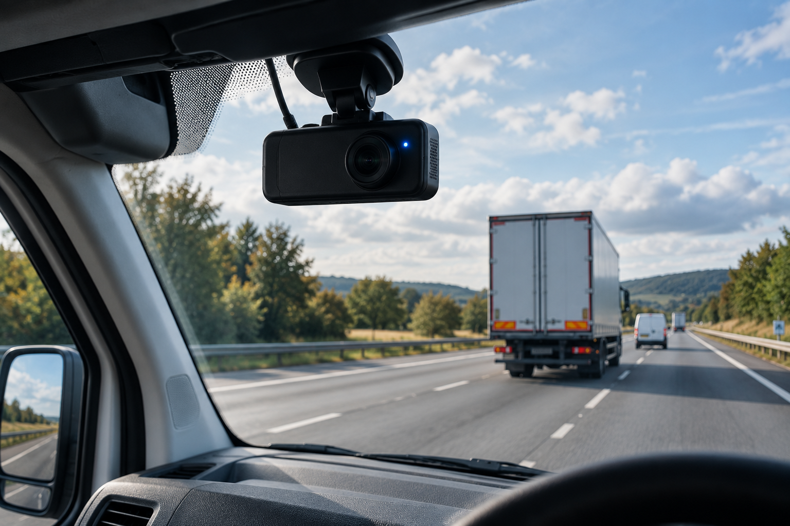 Fleet dash cam recording continuously while a commercial vehicle is driving on a UK motorway 