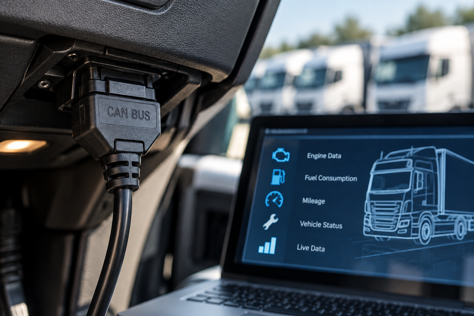 CANbus integration providing vehicle data including fuel consumption, mileage and engine information