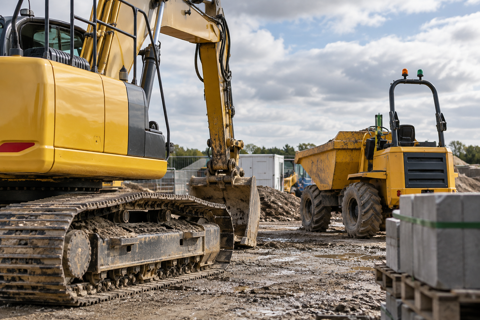 Excavator and site dumper on a UK construction site, representing plant and equipment tracking.