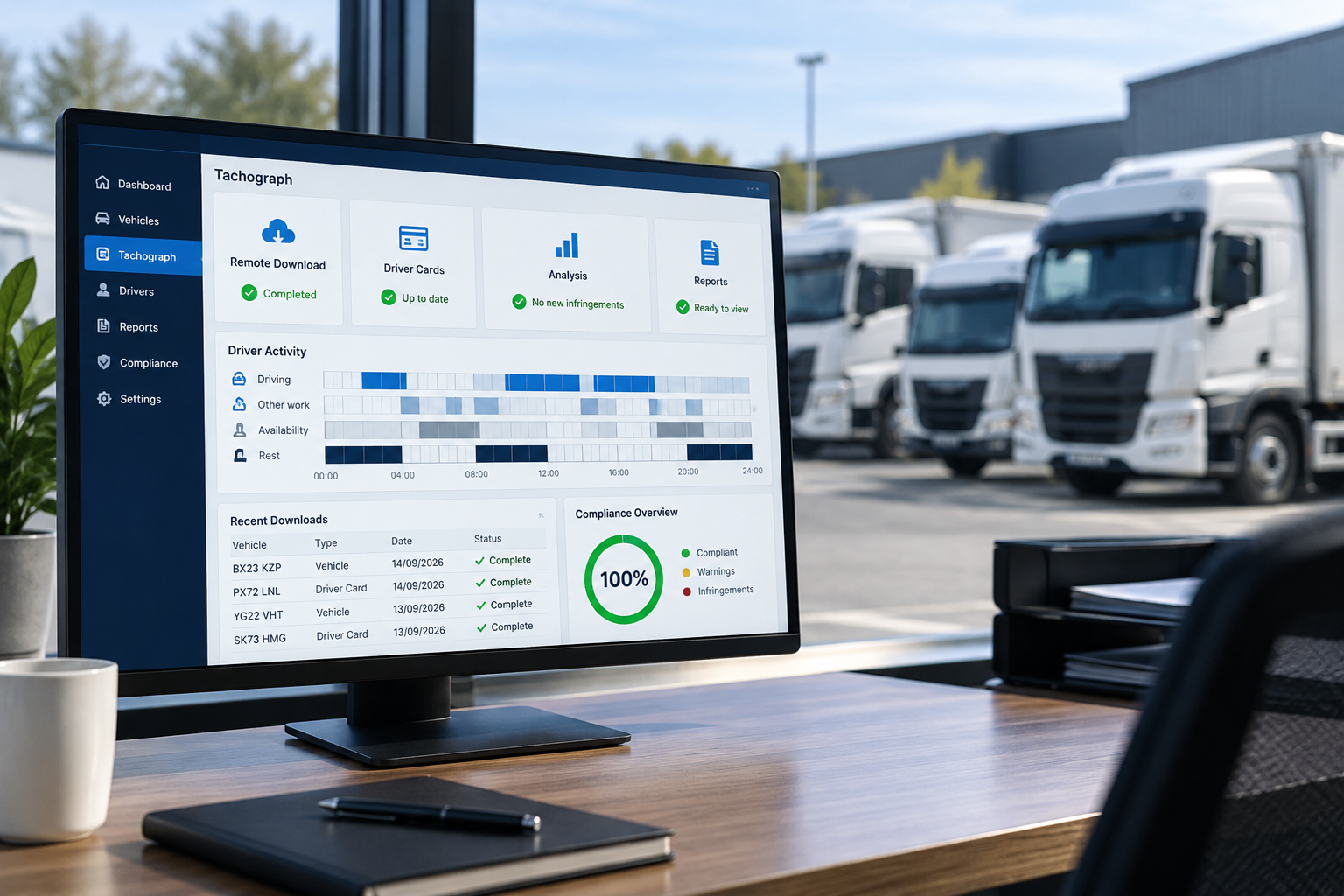 Digital tachograph dashboard showing remote downloads and driver card records.