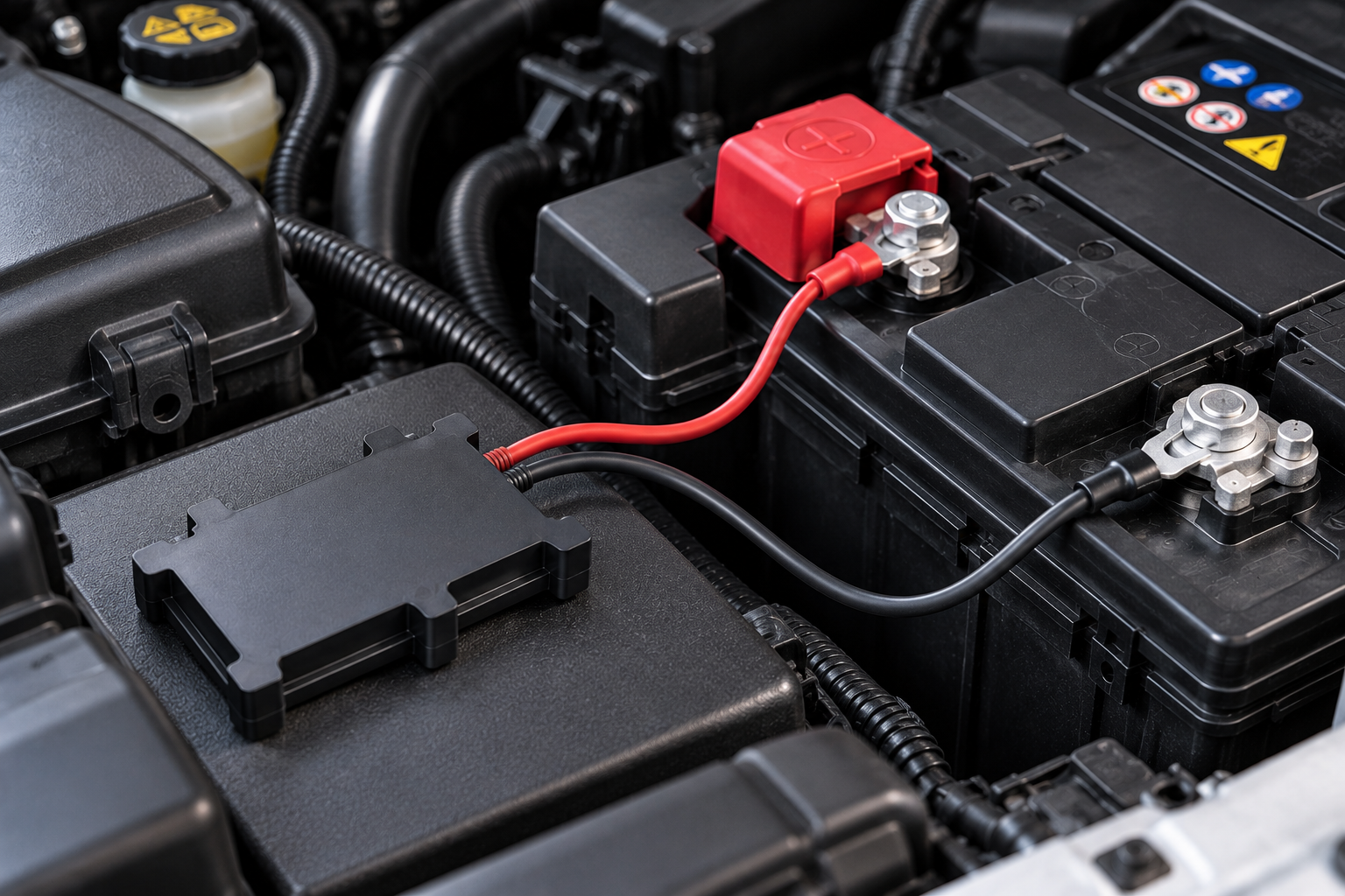 Nano vehicle tracker connected to a vehicle battery with red and black cables.