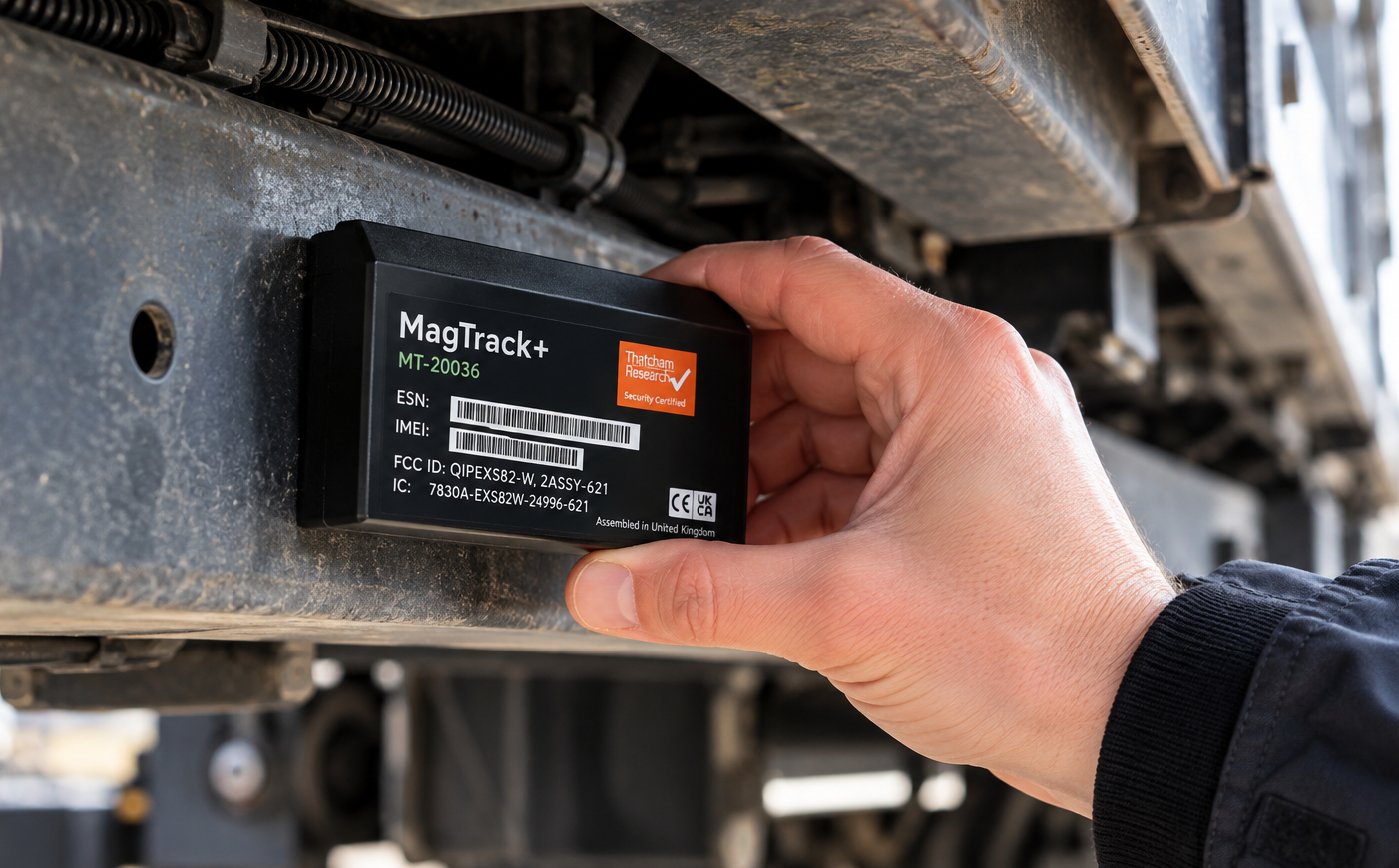 AGL MagTrack+ tracker being fitted to a metal surface on a commercial vehicle