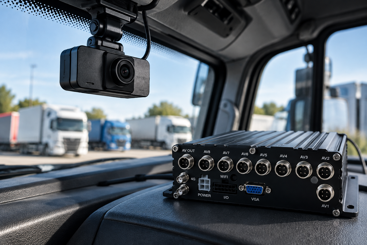 Fleet dash cam and MDVR recording system inside a commercial HGV cab.