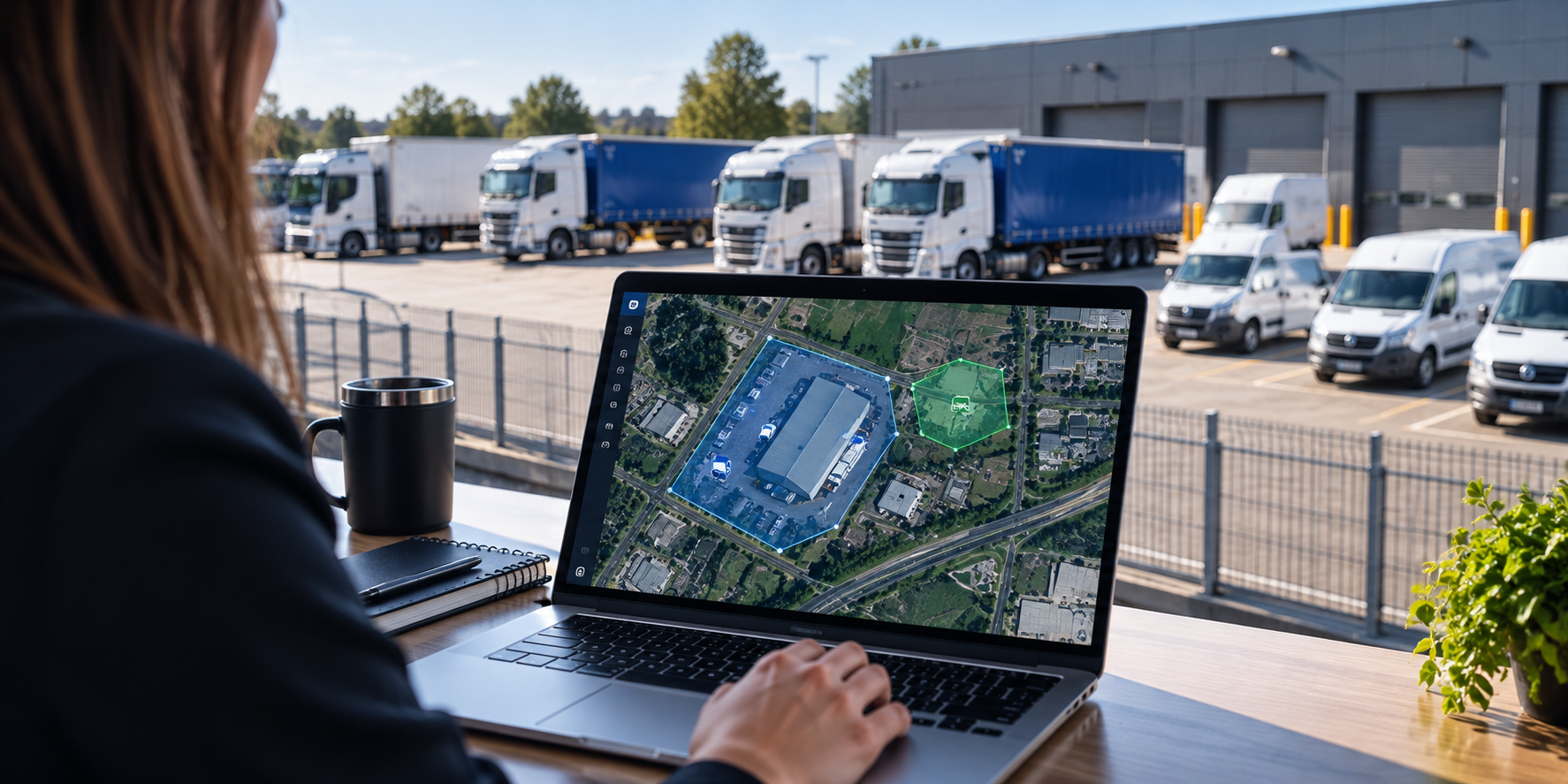 Fleet manager using GPS geofencing on a laptop to monitor commercial vehicles at a depot.