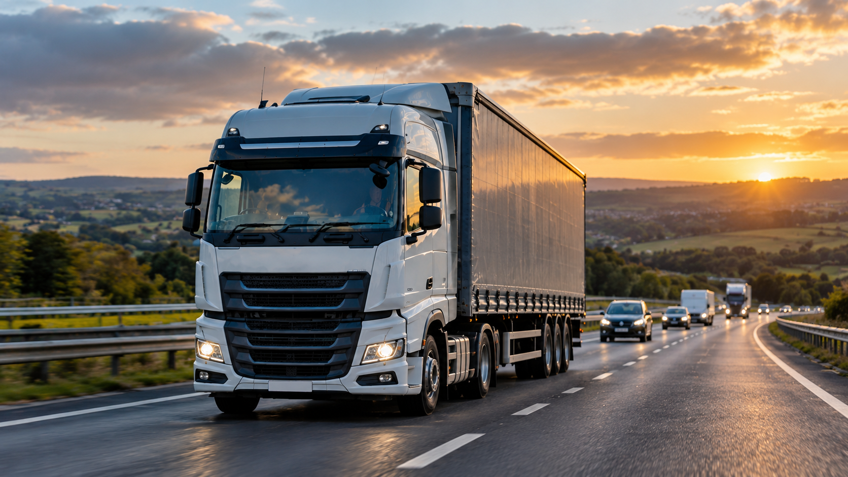 White HGV on a UK motorway at sunset, illustrating fleet tracking and driver behaviour monitoring.
