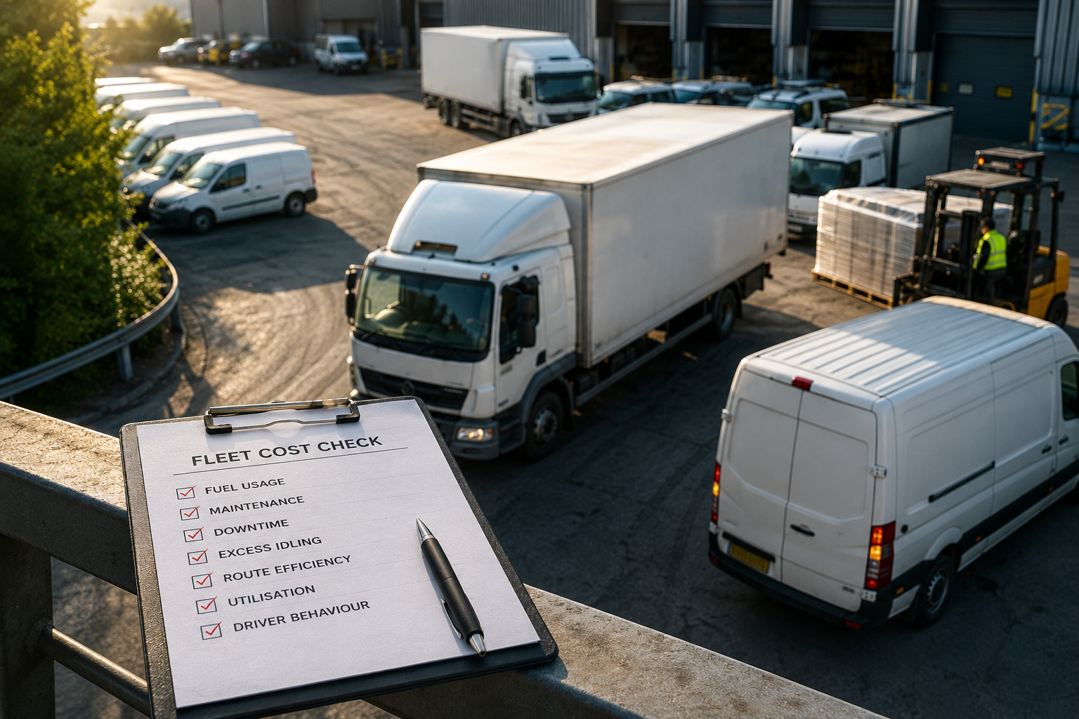 Fleet depot with vans and HGVs illustrating vehicle utilisation and fleet efficiency.
