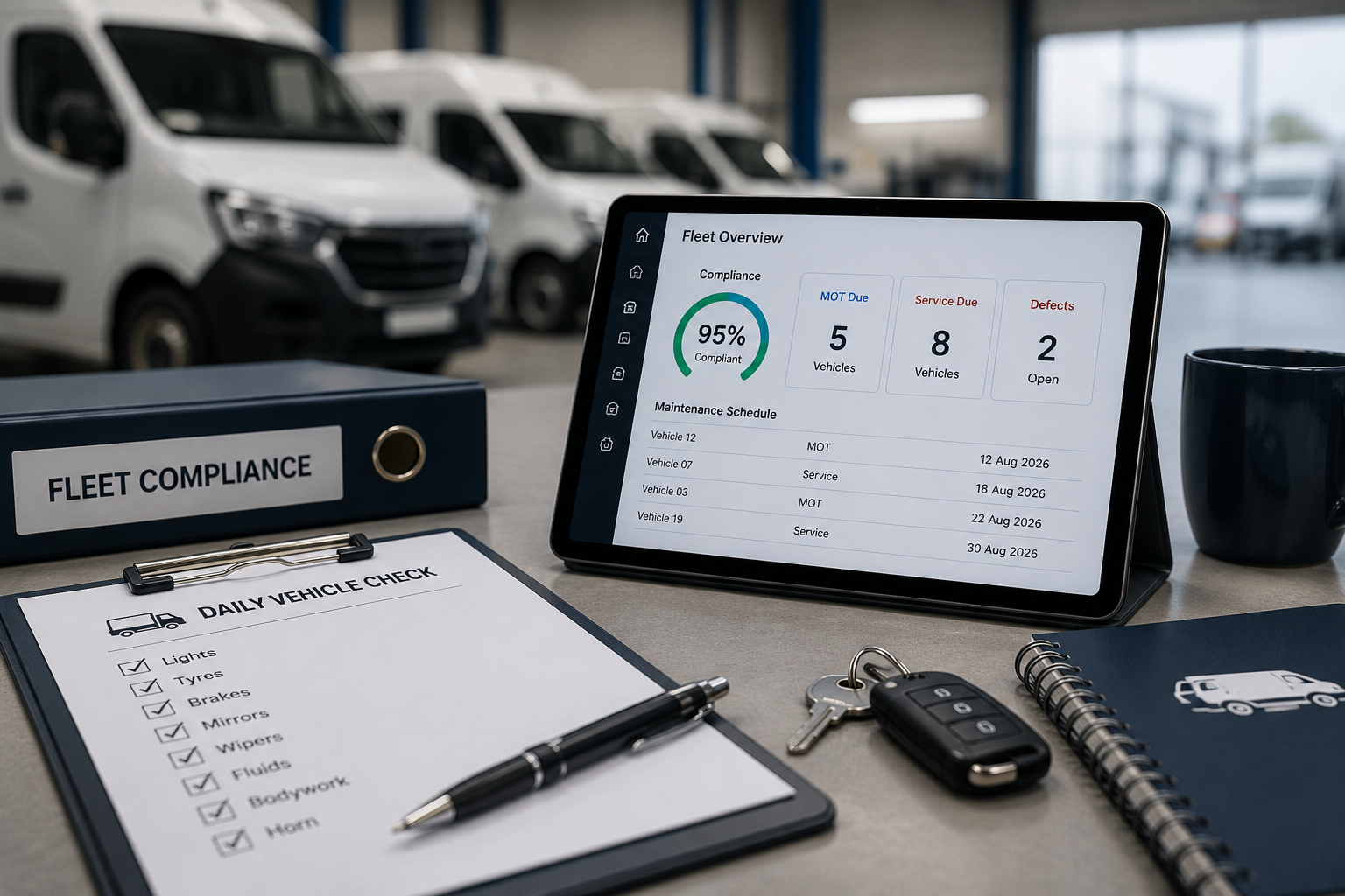 Fleet compliance planning with maintenance schedule, vehicle inspection checklist and fleet management dashboard.