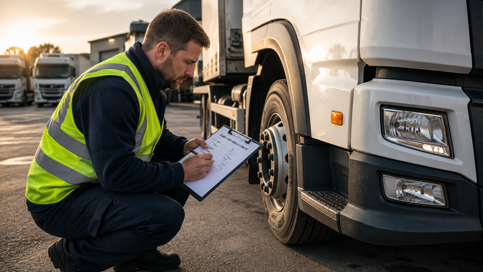 Driver carrying out a daily vehicle check on an HGV before a journey.