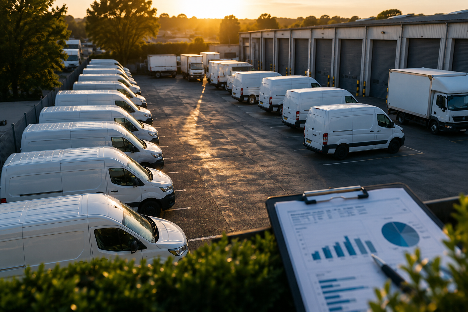 Commercial vehicle fleet depot with utilisation data used to assess fleet size and vehicle usage.
