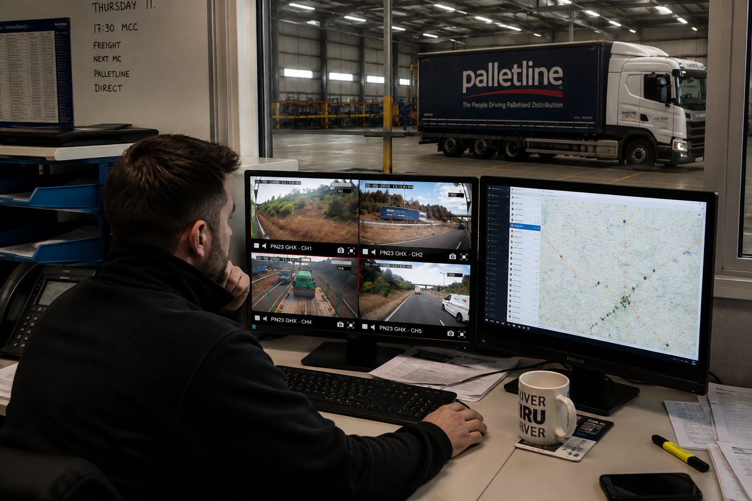 Transport manager reviewing connected fleet camera footage