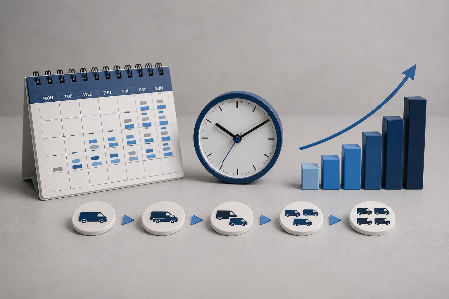 Calendar, clock and rising vehicle demand graphic representing peak periods in fleet operations.