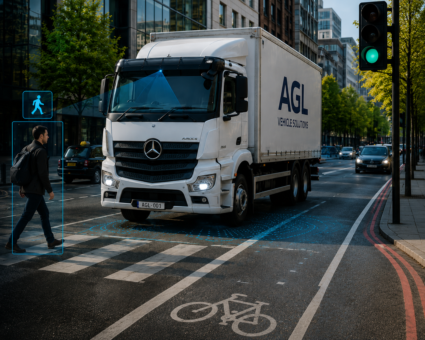 Urban HGV fleet operating in a busy UK city environment