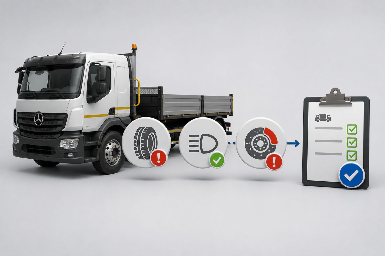 Commercial truck with tyre, lighting and brake defect checks and vehicle inspection record.