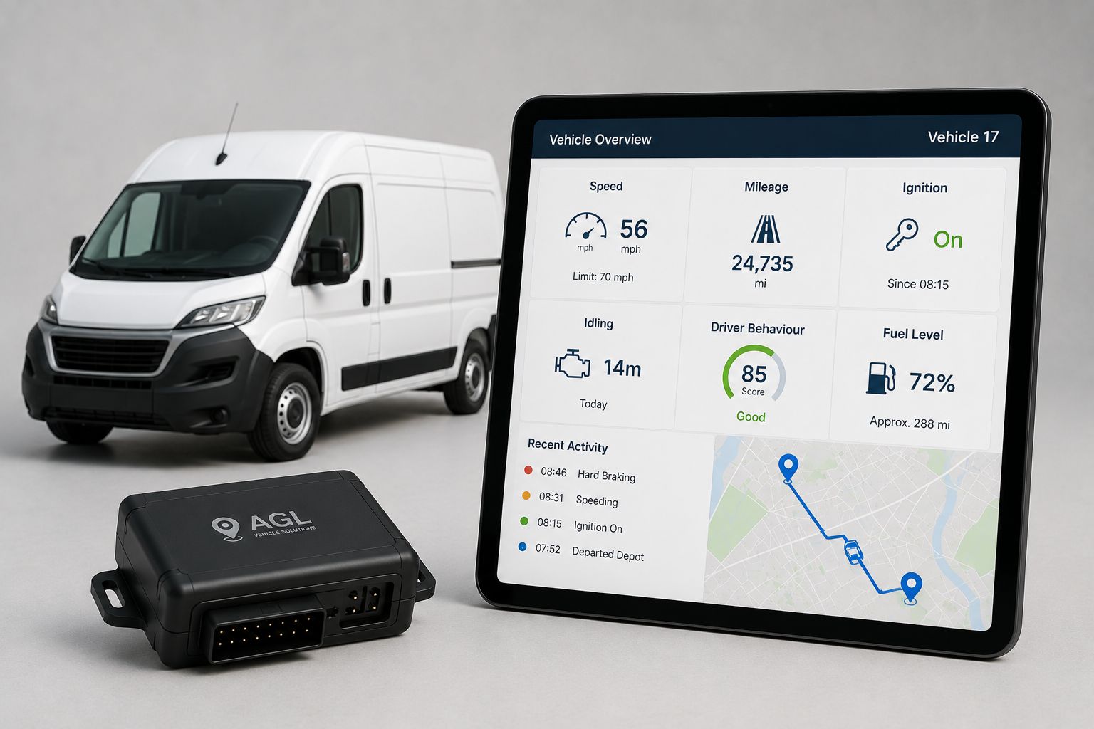 Vehicle telematics showing speed, mileage, idling, driver behaviour and fuel data