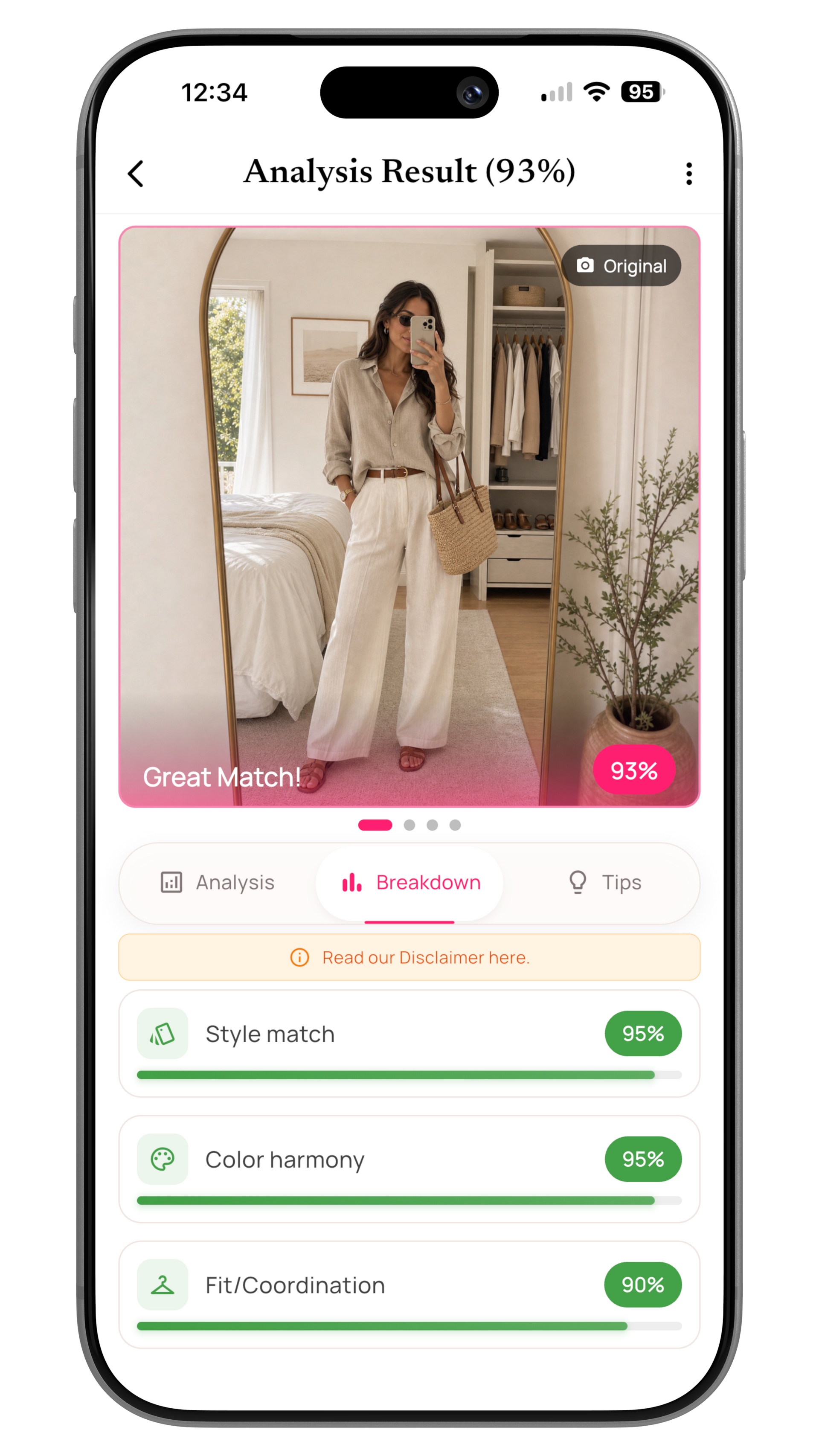 Moda AI Outfit Check analysis showing an outfit score and category breakdown