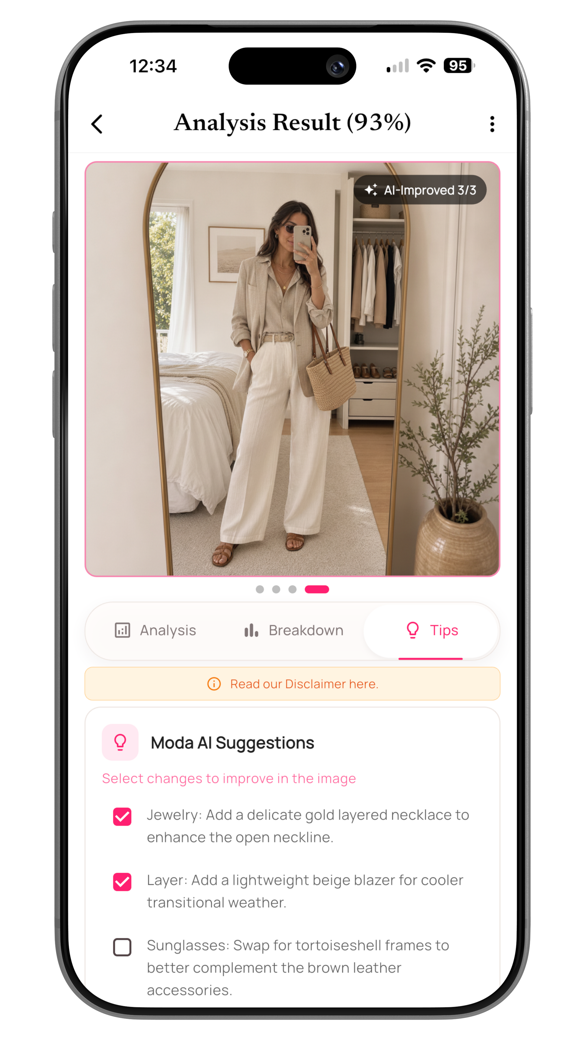 Moda AI Improve Outfit screen showing selected styling suggestions and an updated outfit