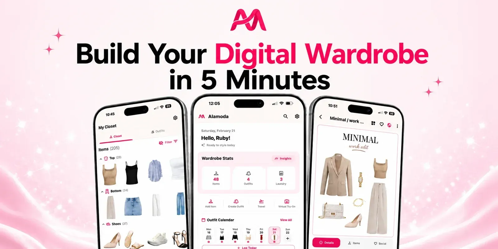 Alamoda digital wardrobe app showing the home dashboard, closet, and outfits on smartphones.
