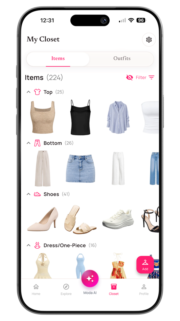 Alamoda digital wardrobe organized by clothing category.