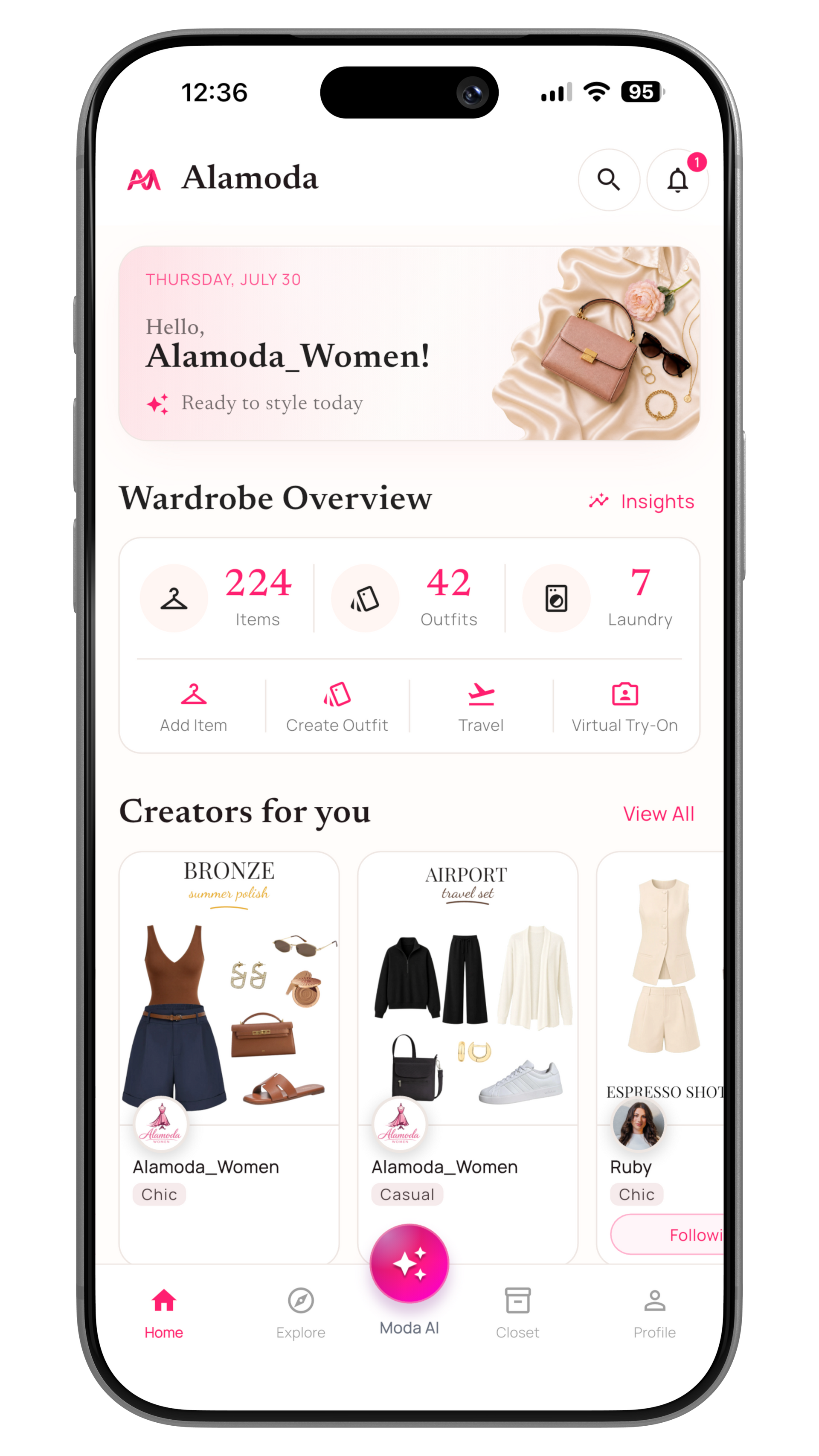 Alamoda home screen showing wardrobe statistics, shortcuts, and the outfit calendar