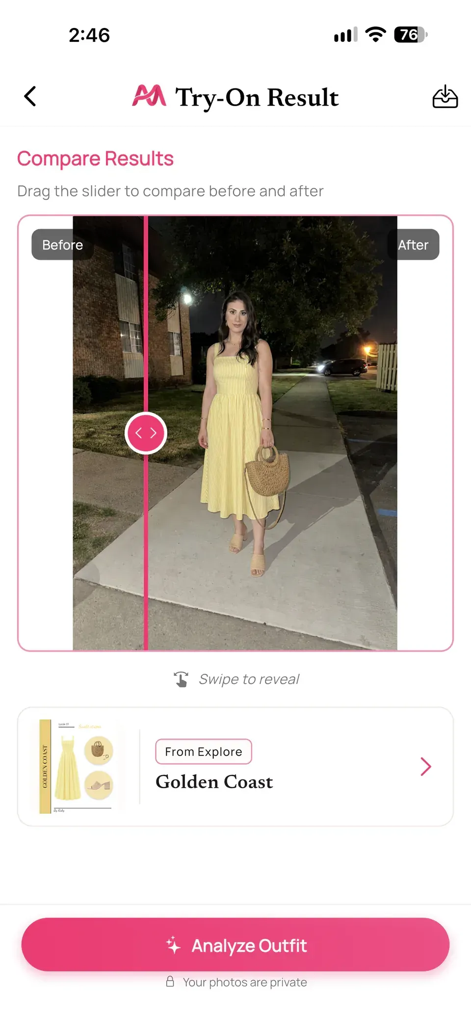 Moda Try-On result showing the generated yellow outfit selected from Alamoda Explore