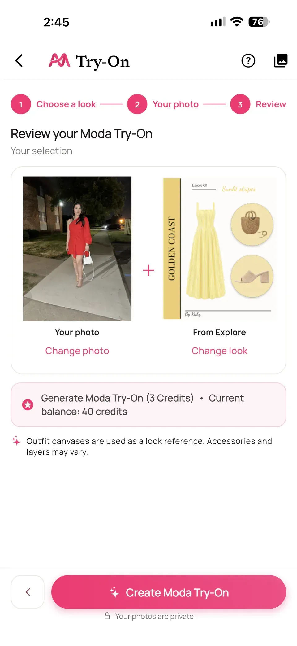 Moda Try-On review screen with a photo and a look selected from Explore