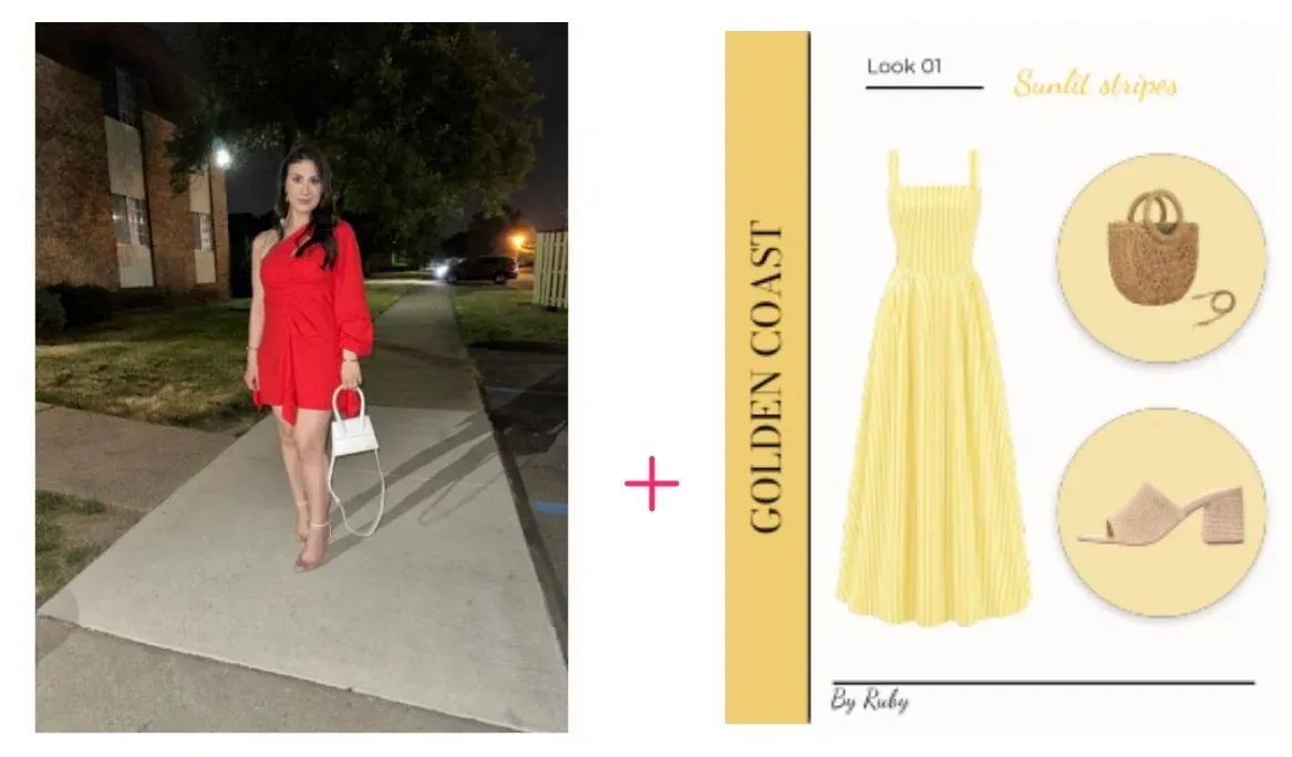 The original photo paired with the selected yellow outfit from Explore.