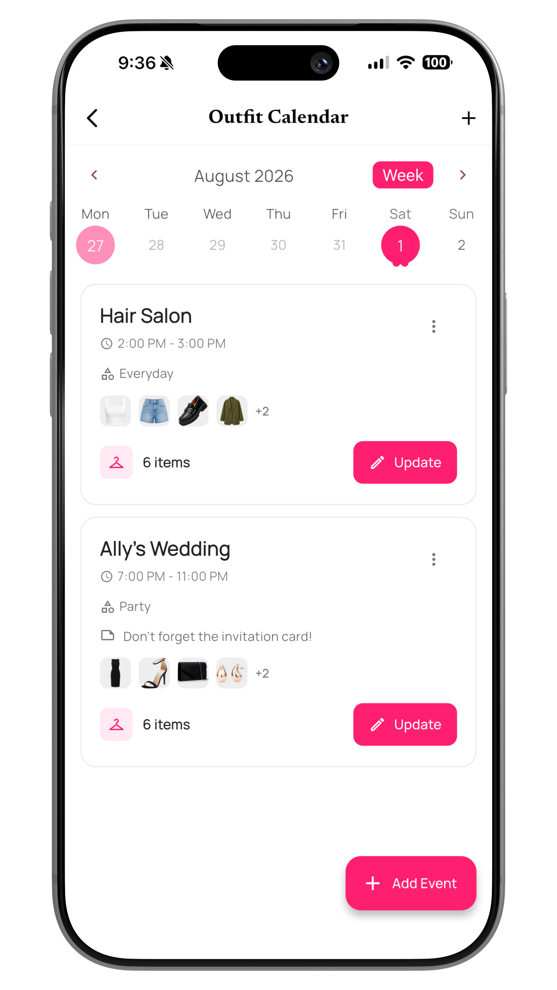 Alamoda outfit calendar showing planned looks for upcoming events
