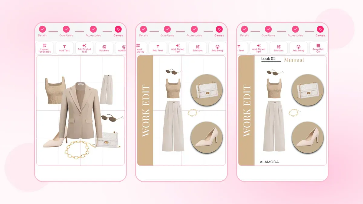 Three Alamoda outfit editor screens showing an arranged look, object effects, and a finished outfit.