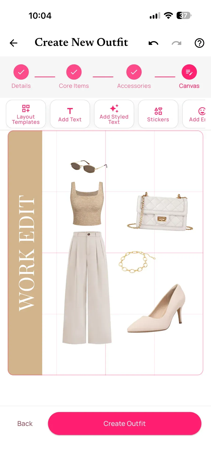Alamoda outfit canvas with a vertical Work Edit title and arranged neutral clothing