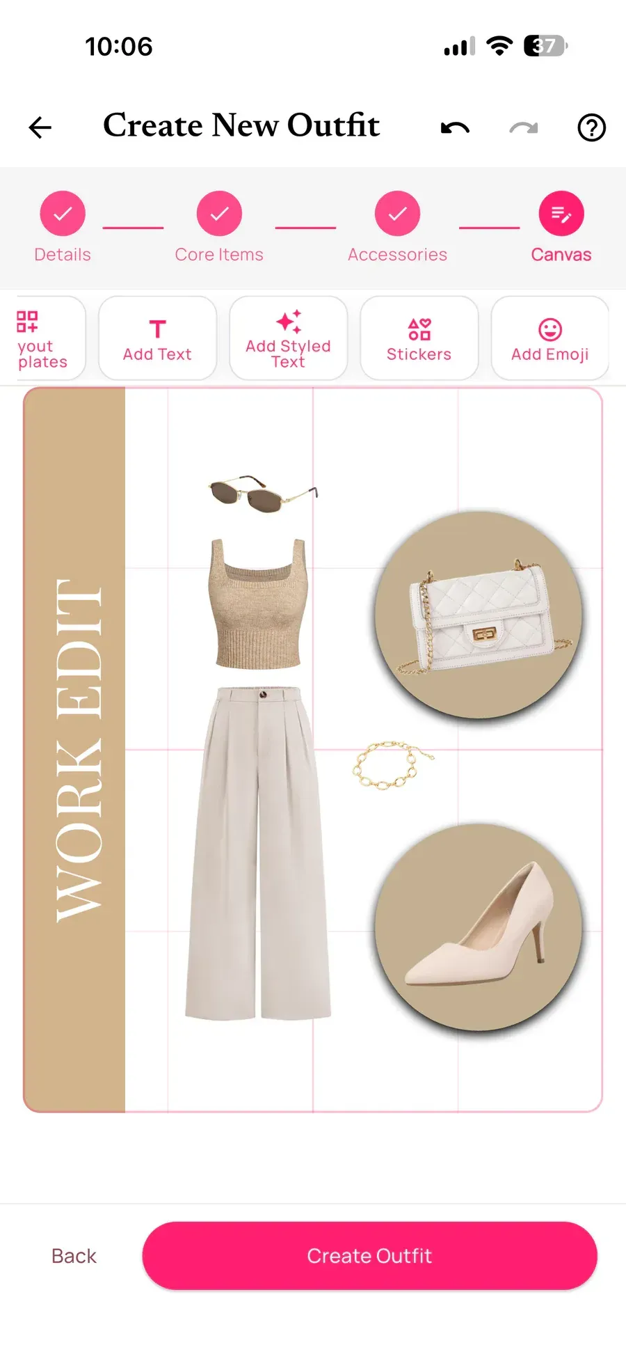 Circular shapes and shadows highlighting a handbag and shoe in the outfit editor