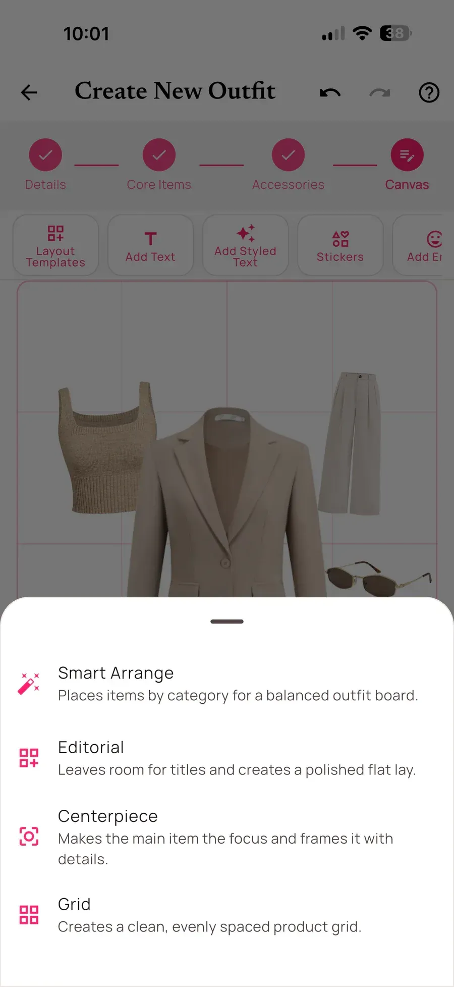 Alamoda outfit editor menu with Smart Arrange, Editorial, Centerpiece, and Grid layout templates