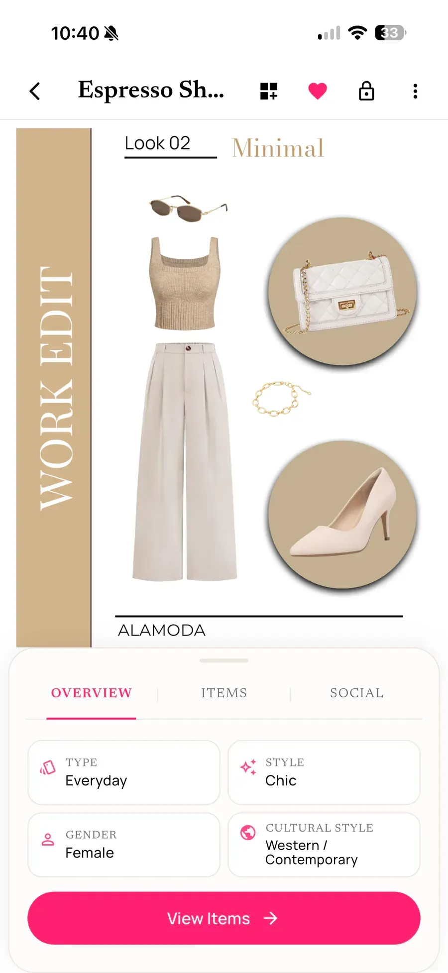 Finished Alamoda outfit page showing the editorial board, style details, and a View Items button