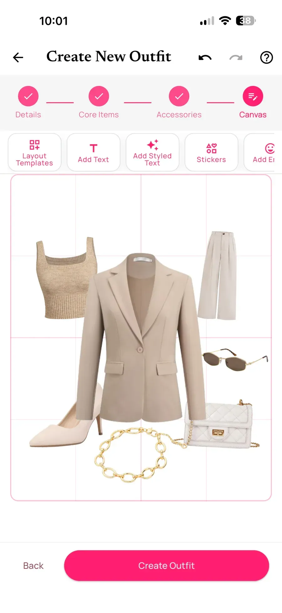 Smart Arrange layout placing a blazer, trousers, top, shoes, bag, jewelry, and sunglasses on the canvas
