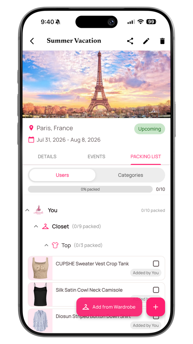 Alamoda Travel Planner showing a packing list built from wardrobe pieces.